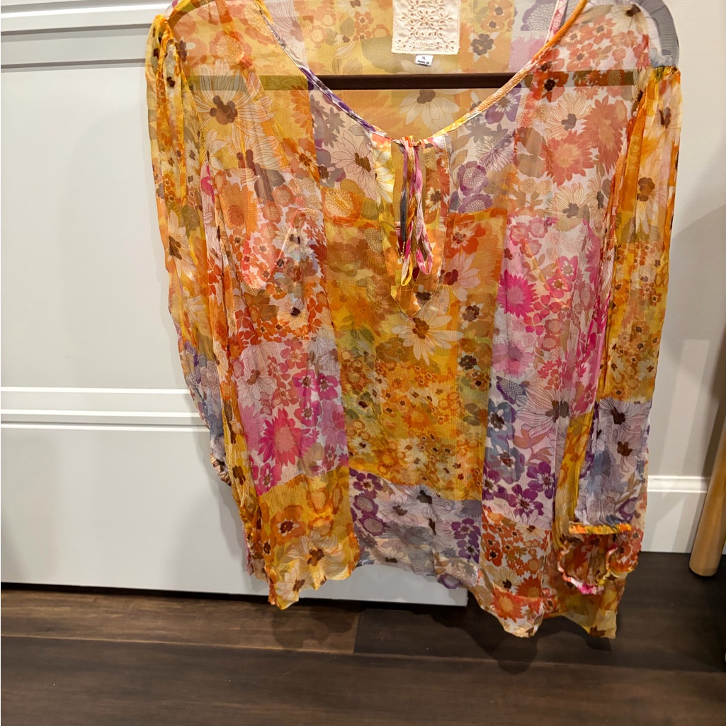 Johnny Was Floral Patchwork Sheer Blouse In Yellow, Pink, Purplec